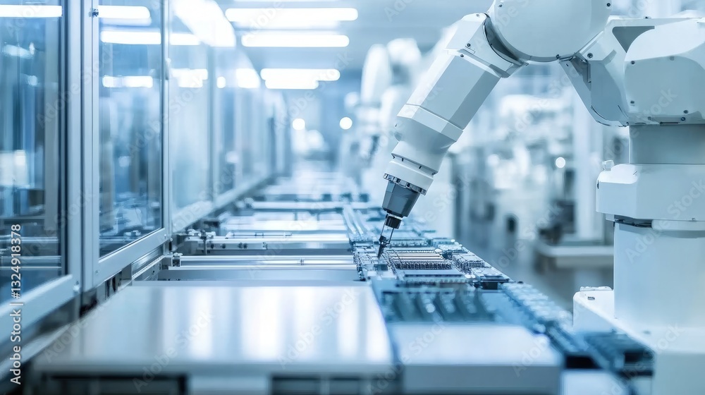 Poster fully automated electronics production line with robotic arms working in perfect sync.