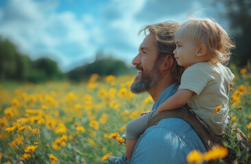 A joyful family moment in a green field, with a father carrying his son on his shoulders and the mother gazing at the sky under a clear blue horizon, captured in natural light