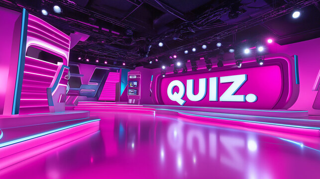 Futuristic quiz show stage with bright pink neon lights and modern design.