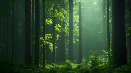 Naklejka premium Lush Green Forest Scene With Sunlight Shining Through Trees Creating Atmospheric Light And Shadow