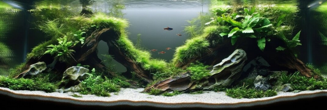 Lush Freshwater Aquarium Scene with Tetra Fish, Live Plants, and Natural Elements