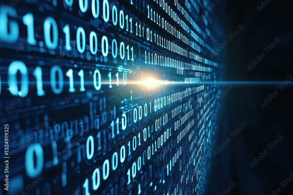 Poster close-up of glowing binary code in a cyber technology concept on a dark background