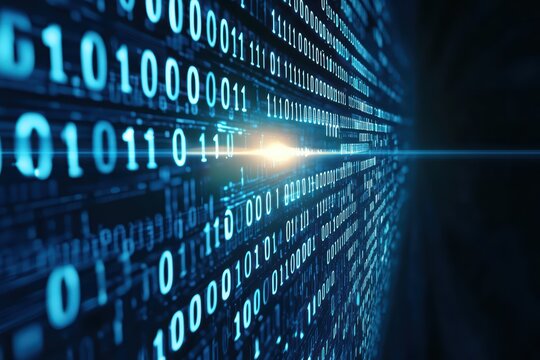 Close-up of Glowing Binary Code in a Cyber Technology Concept on a Dark Background