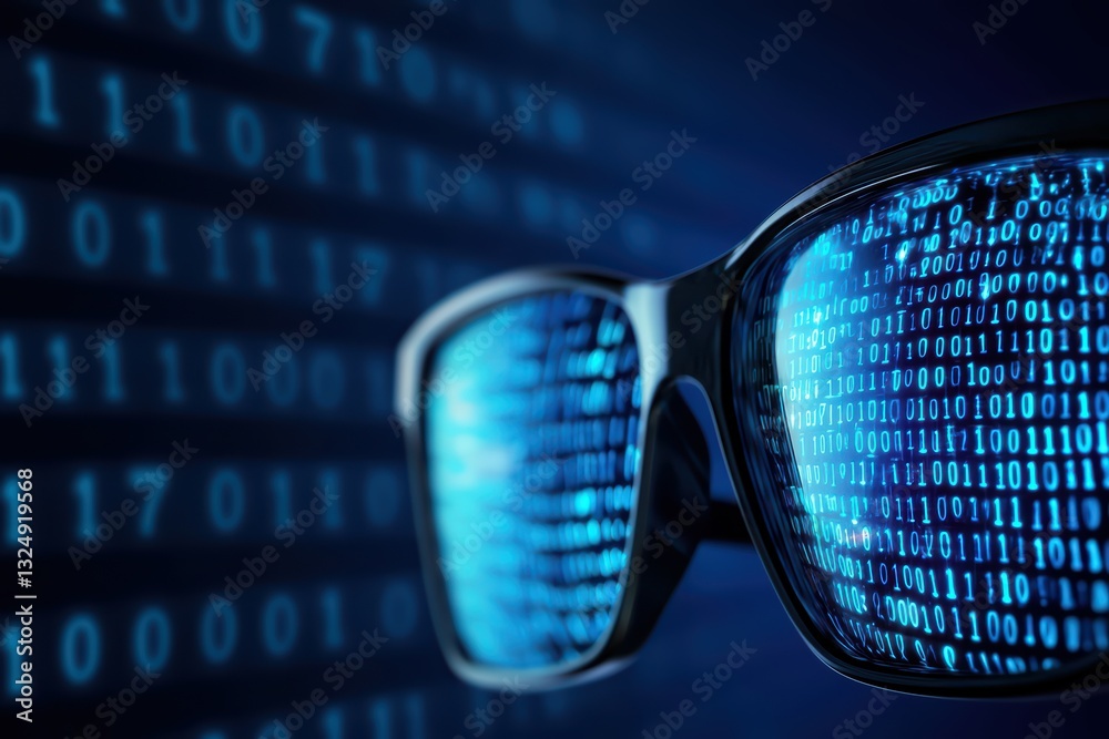 Poster high-tech glasses reflecting binary code in a cybersecurity concept with blue tone visualization