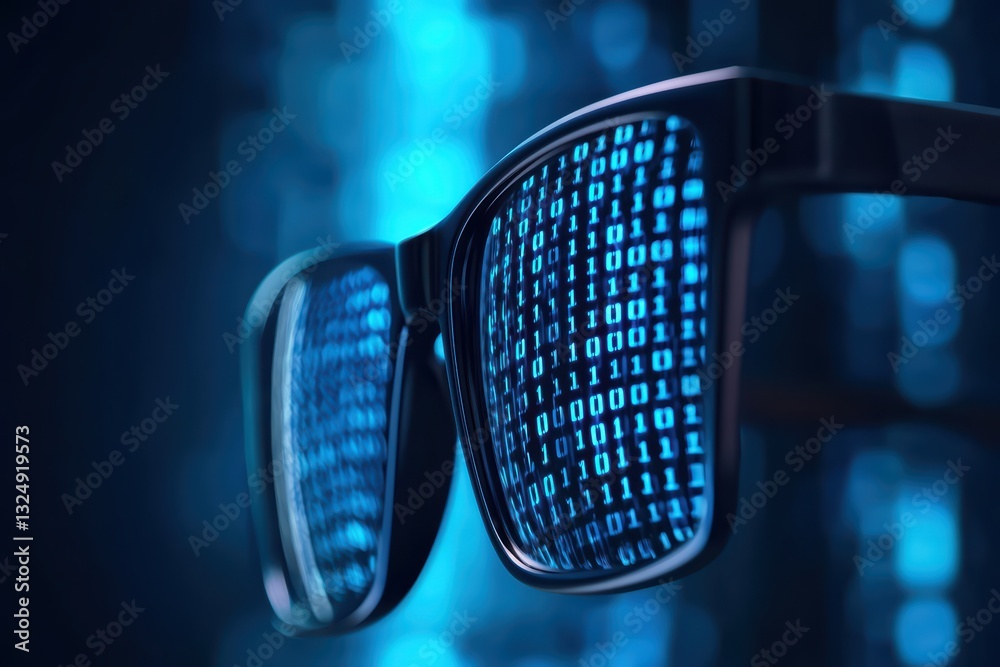 Poster cybersecurity concept with glasses reflecting binary code in a blue digital environment