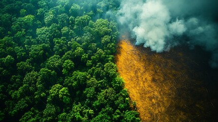 Climate change driven carbon emissions deforested land contrasted with a thriving reforested green landscape showcasing nature based climate solutions ultra HD vibrant colors