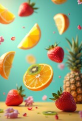 colorful floating fruit composition bright textured background featuring tropical delight, citrus, berry, orange, lemon, lime, grapefruit, kiwi