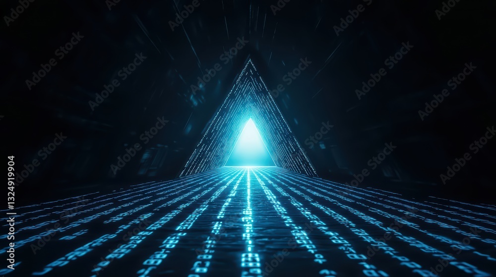 Poster a futuristic digital concept of a triangular tunnel with flowing binary code and blue light