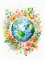 Watercolor Earth Surrounded by Vibrant Flowers  
