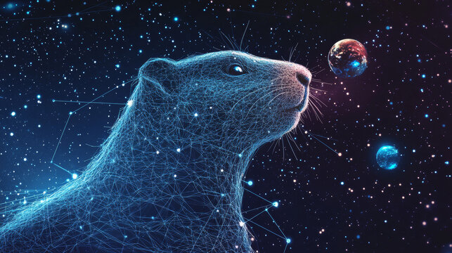 Abstract image of a groundhog in the form of a starry sky or space, consisting of points, lines, and shapes in the form of planets, stars and the universe. Marmot vector wireframe concept. Woodchuck