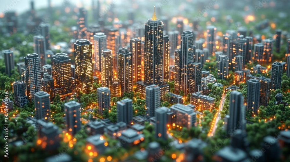 Poster a vibrant city skyline showcases towering skyscrapers and warm lights as dusk sets in. green spaces 