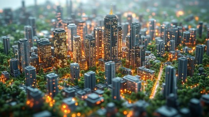 A vibrant city skyline showcases towering skyscrapers and warm lights as dusk sets in. Green spaces intermingle with buildings, creating a unique urban panorama.