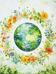 Naklejka premium A beautiful watercolor painting of Earth encircled by lush green leaves and colorful flowers, symbolizing nature, conservation, and environmental harmony. 