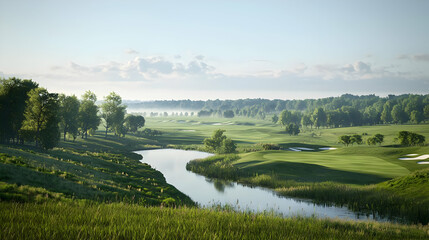 Obraz premium Scenic Golf Course Landscape With River Trees And Green Fields Under Blue Sky