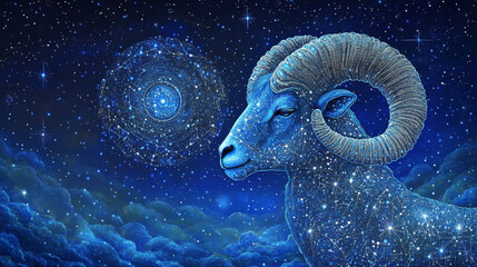 Abstract image of a ram in the form of a starry sky or space, consisting of points, lines, and shapes in the form of planets, stars and the universe. Vector eid al adha concept