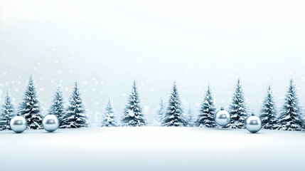 Obraz premium Winter Wonderland Scene Featuring Snowy Trees and Silver Ornaments Against a Soft White Background
