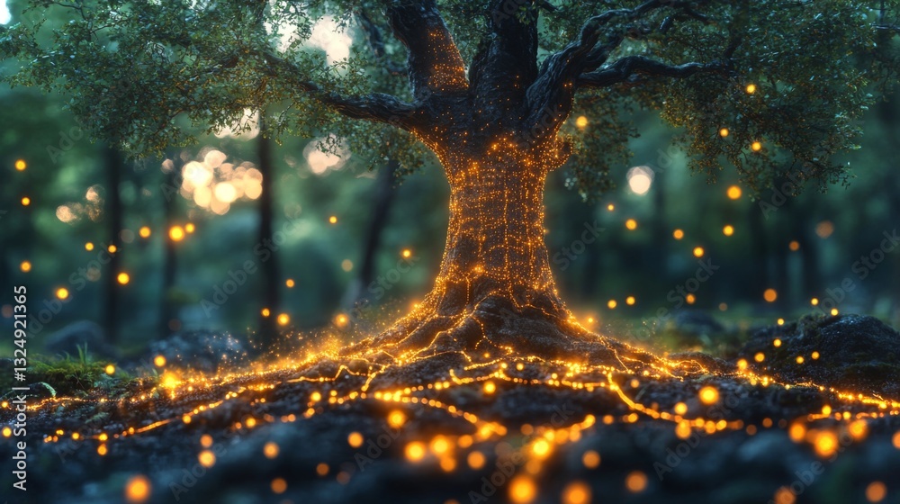 Poster A majestic tree with intricate roots glows softly with warm lights, surrounded by lush greenery in a tranquil forest at twilight. The atmosphere feels magical and inviting.