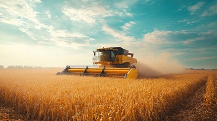 Fototapeta premium Huge industrial combine harvester collecting corn in a vast agricultural field.