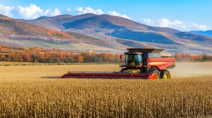 Obraz premium Huge industrial combine harvester collecting corn in a vast agricultural field.