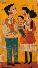 family - father, mother and child - in a stylized, naive painting style.  