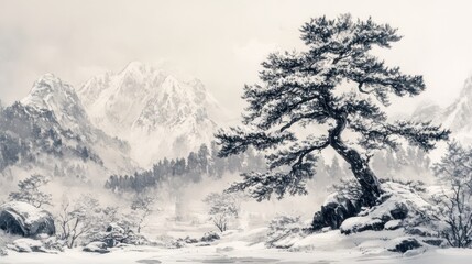Snowy Mountain Landscape Featuring a Large Contorted Tree