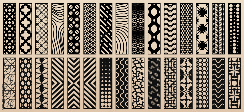 Poster Vector bundle of 30 templates for laser, CNC cut. Elegant design with abstract geometric patterns, modern oriental ornaments. Stencils for cutting of wood, paper, metal, plywood. Aspect ratio 1:4