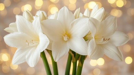 Obraz premium Elegant white amaryllis bouquet against golden bokeh