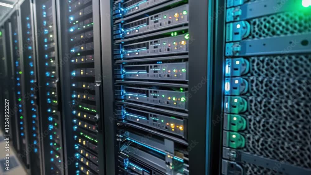 Poster blinking server racks are standing in a modern data center, hosting big data and processing innovati
