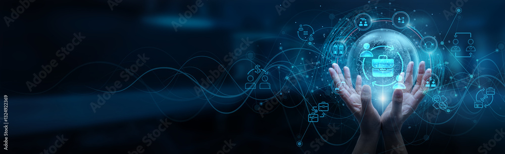 Poster b2b business. hand man holding of global business network connection, digital transformation technol