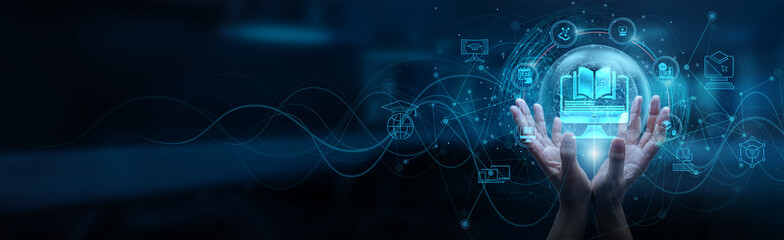 Hand holding of global digital network connection, online education platform virtual classroom interactive learning modules, seamless communication accessibility knowledge sharing skill development.