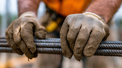 Close-up of a construction worker’s dirty, gloved hands gripping steel rebar, symbolizing labor and hard work.