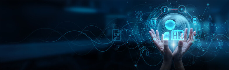 Hand man holding of global Human Resources (HR) network connection, talent management, employee engagement, workforce optimization, strategic planning, organizational development, diversity, inclusion