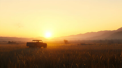 Fototapeta premium Golden Sunset Over Wheat Field With Silhouette Tractor Under Soft Sunlight
