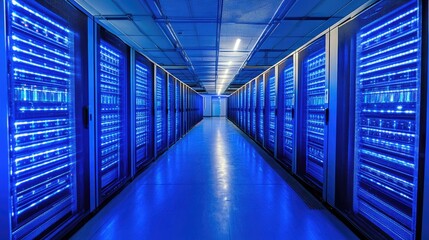Fototapeta premium Interior of a high-tech data center, featuring rows of illuminated server racks and intricate cooling systems.