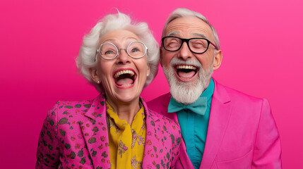 Elderly couple wearing colorful stylish suits, laughing joyfully against a vibrant pink background.