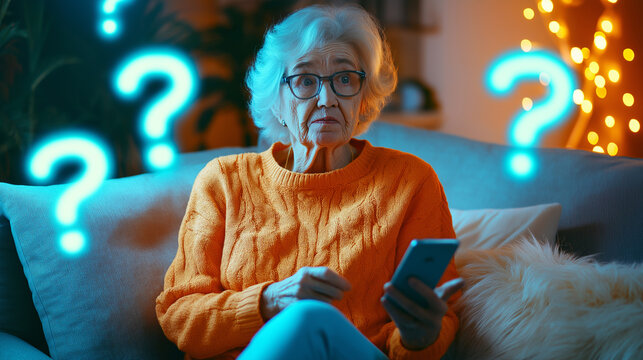 Elderly woman in an orange sweater sitting on a couch, looking confused at her smartphone, surrounded by glowing question marks.