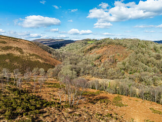 Farms and Woods over East Dartmoor National Nature Reserve from a drone, Yarner Wood, Lustleigh, Newton Abbot, Devon, England