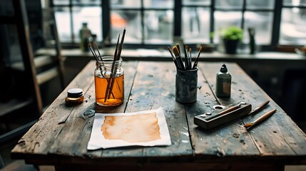 Rustic Artist Workspace with Paintbrushes and Paint
