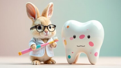 Cute bunny dentist holding toothbrush next to smiling tooth figurine. 