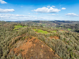Farms and Woods over East Dartmoor National Nature Reserve from a drone, Yarner Wood, Lustleigh,...
