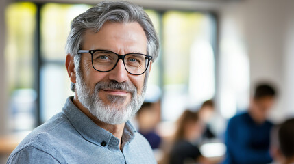 Confident senior man with glasses smiling in a modern classroom with students in the background.