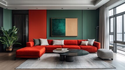 Modern apartment with sleek furniture in bold red and forest green tones, minimalist decor