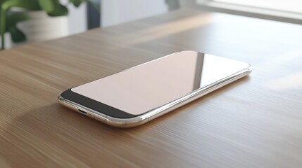 Modern smartphone lying on a wooden desk with soft lighting, showing a blank screen and sleek design.