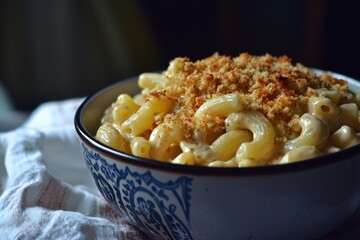 A tempting bowl of classic macaroni and cheese with a crispy breadcrumb topping on white linen, a comforting and delicious meal for any time.