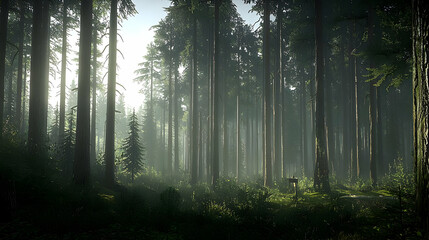 Naklejka premium Lush Green Forest with Sunlight Filtering Through Tall Trees Creating Dramatic Shadows and a Tranquil Atmosphere