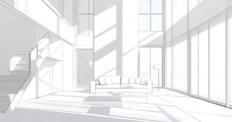Fototapeta premium Sunlit modern living room architectural rendering.