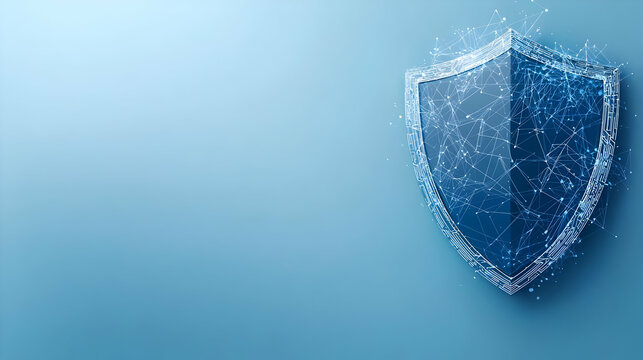 Blue Illuminated Shield Graphic Representing Digital Security and Data Protection Against Blue Background