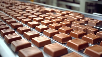 Neatly arranged chocolate bars moving along a conveyor belt in a large-scale confectionery factory.