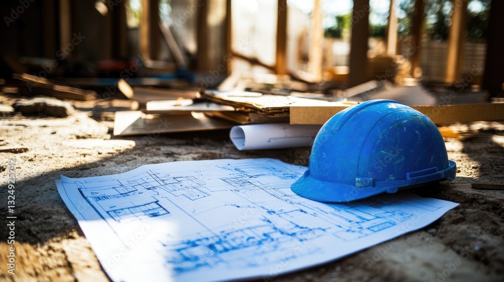 Poster neatly organized blueprints and construction helmets resting on an unfinished structure.