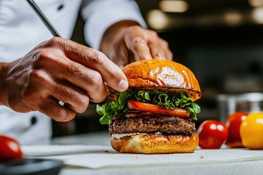 Chef meticulously assembling a gourmet hamburger with fresh lettuce and ripe tomato slices on a brioche bun in a professional kitchen setting.